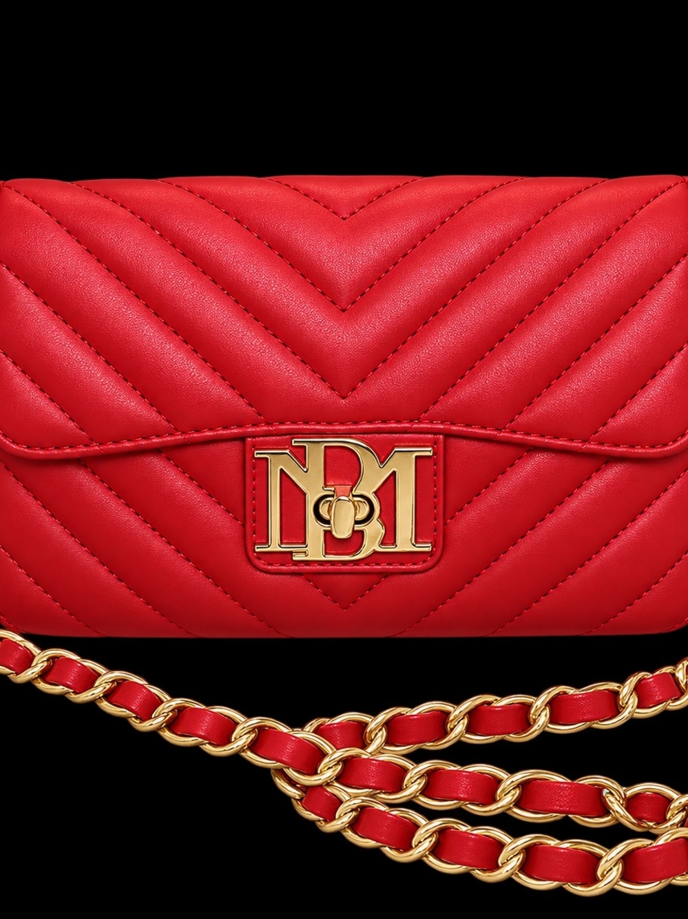 Badgley Mischka Small Red Quilted Crossbody with Gold Logo Chain
